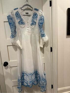 Karen Millen White Midi Dress with Blue Embroidery